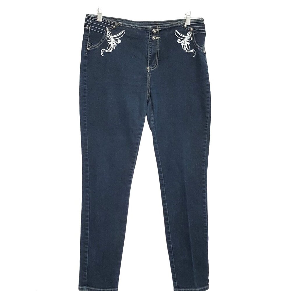 Miss Pirate Skinny Denim Jeans Women's 15 Blue Low Rise Dark Wash Embellished 34